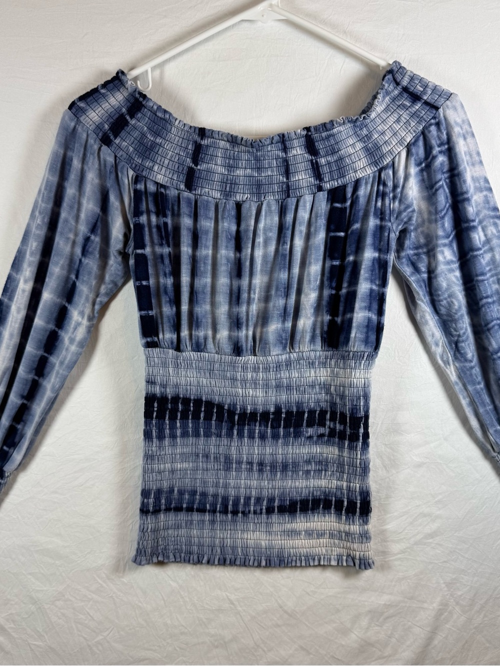VENUS Blue Tie Dye Smocked Off Shoulder Top Small Boho Long Sleeve - Picture 2 of 7
